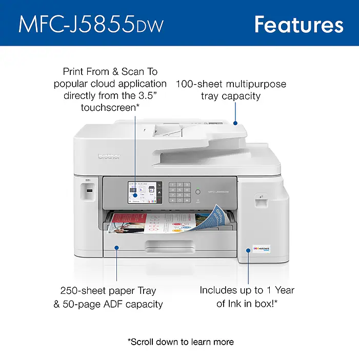 Brother INKvestment MFC-J5855DW Wireless Color All-In-One Supertank Inkjet Printer, Best for Office - Image 2