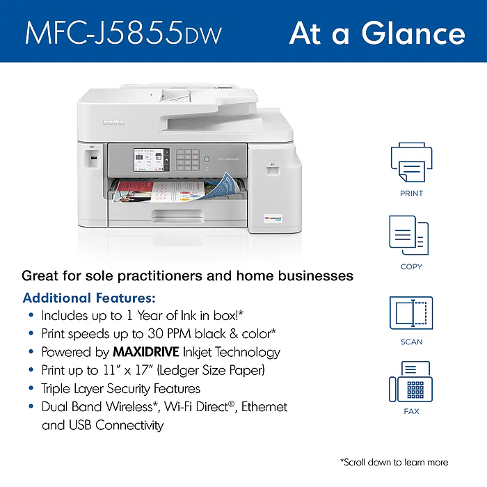Brother INKvestment MFC-J5855DW Wireless Color All-In-One Supertank Inkjet Printer, Best for Office - Image 3